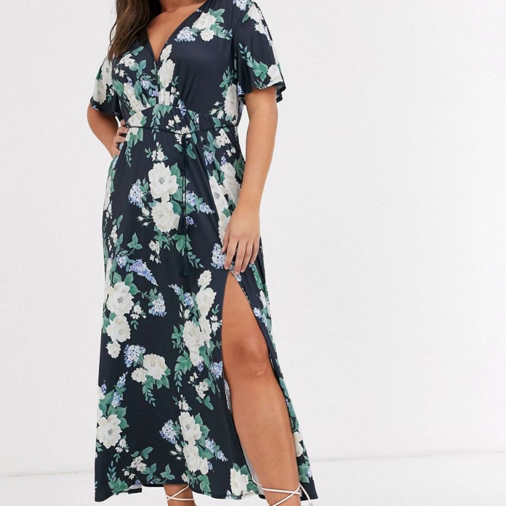 ASOS Curve floral flutter sleeve maxi dress w/ tassel belt